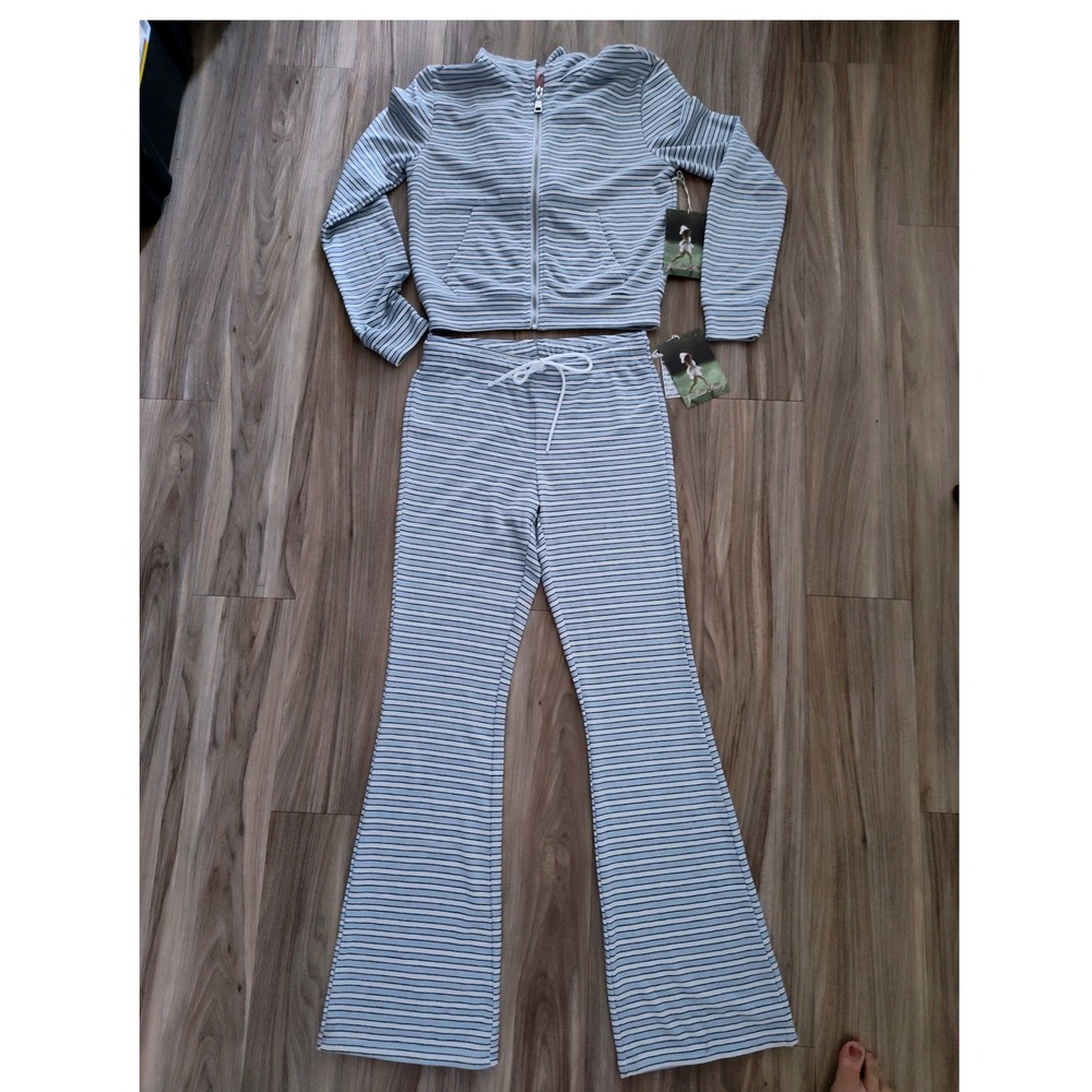 Girlhood Society Women Striped Zip Up Hoodie and Flare Pants Lounge Set Blue M